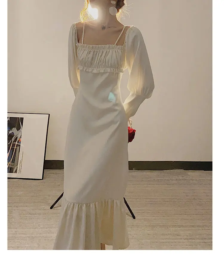 2021 autumn new style retro sweet one-shoulder square neck puff sleeve trumpet dress women sexy Folds white vintage dresses cute dresses