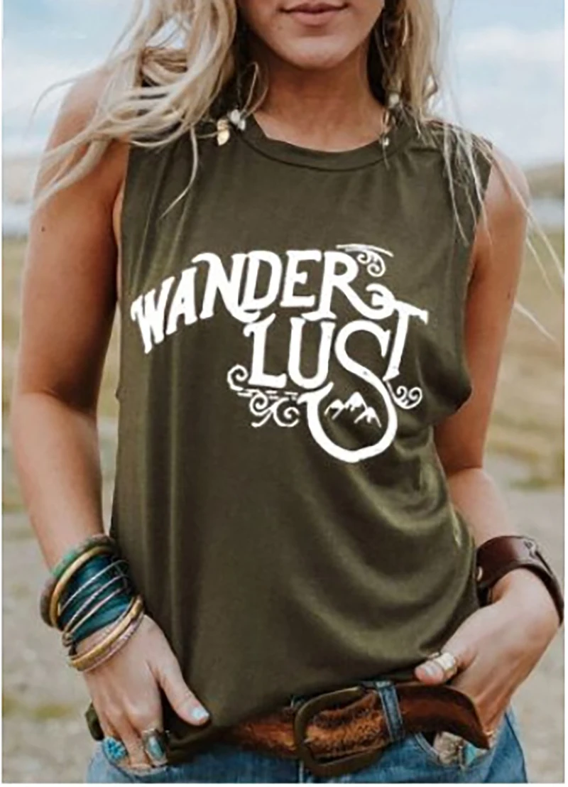 Новинка, женские майки, летние топы без рукавов, футболки с буквенным принтом Wanderlust, женские майки с круглым вырезом, цвета хаки, женские топы, футболки