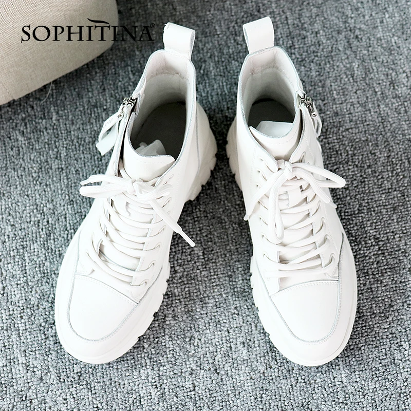 SOPHITINA Women's Shoes Winter Leisure Sport Genuine Leather Ankle Boots Round Toe Zipper Lace-Up Comfortable Women Boots WZ02