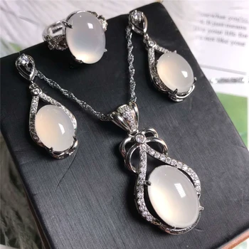 

Jadery Natural Ice Seed White Chalcedony Jade Jewelry Sets 925 Sterling Silver Necklace Earrings Ring Party Jewelry Gift 328