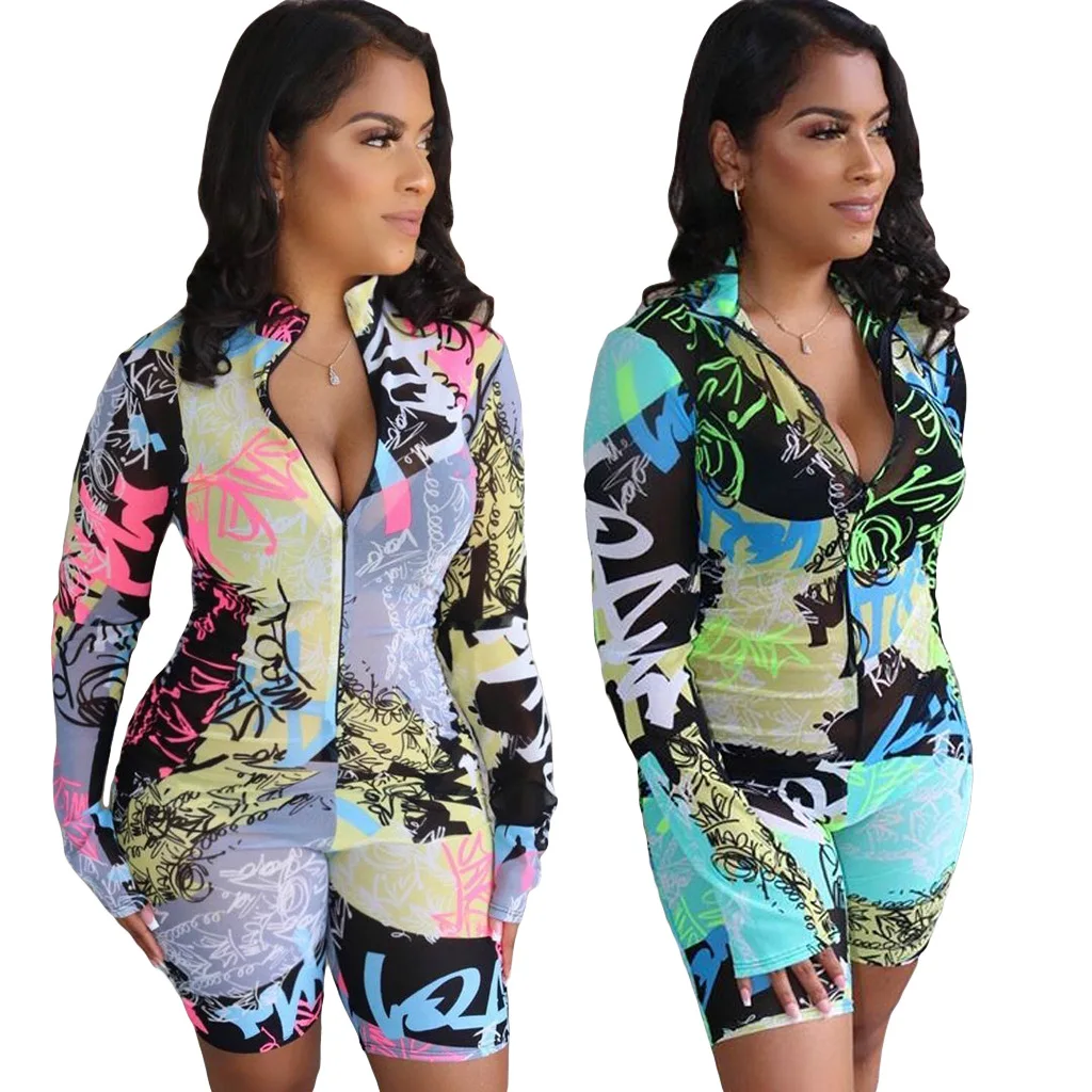 

2020 Summer Women Jumpsuit Hot Style Model Solid-color Striped Print Long Sleeves European and American Rompers Bodysuit