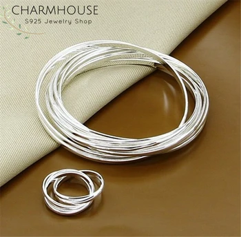 

Charmhouse Silver Jewelry Sets for Women Multi Round Circles Banlge Rings 2 pcs Jewellery Sets Femme Pulseira Bague Bijoux