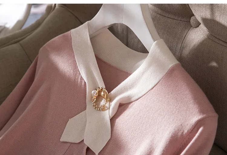 Осень, женский милый элегантный вязаный комплект из 2 предметов, однобортный короткий свитер с длинными рукавами топ+ плиссированная юбка, розовый jc3362