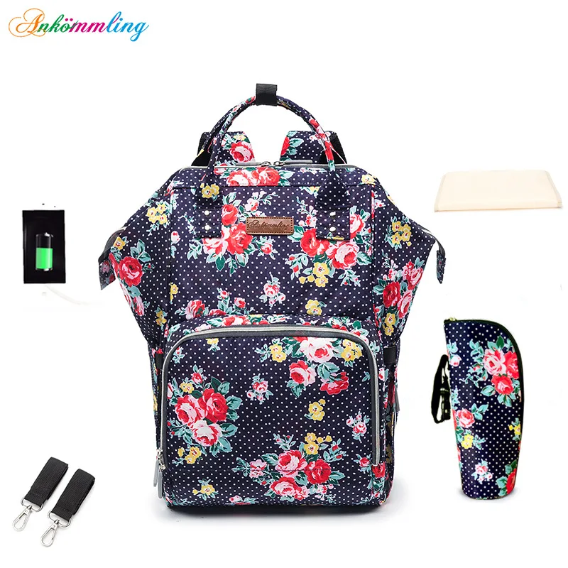 

Multi functional portable mummy bag dual shoulder USB printed diaper bag