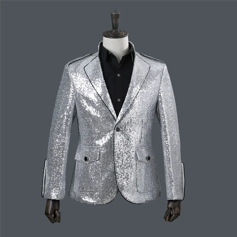 Unique Design Blazer Hombre Costume Homme Sequin Men Sequin Jacket Sequin Bomber Jacket Men Mandarin Collar Blazer Men - Цвет: Серебристый