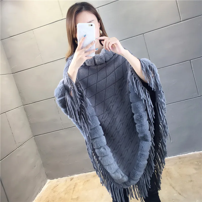 Серый Autumn Winter Casual Knitted Ladies Sweater Long Sleeve Cloak Women Tops Sweaters Oversize Pullovers Sweater with Tassel - Цвет: Серый