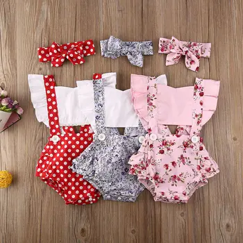 

Summer Baby Clothes Toddler Infant Baby Girl Floral Polka Dot Print Fly Sleeve Bodysuits Kids Fashion Sunsuit Outfits 0-24M