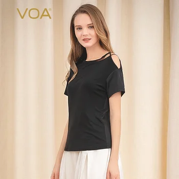

VOA black silk double-sided knitted round neck hollow single shoulder satin stitching skin-friendly super stretch T-shirt B9088