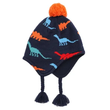 

Cute Autumn And Winter Kid Thickening Fleece Knitting Cartoon Dinosaur Hat Baby Warm Accessories Ear Protective Cap