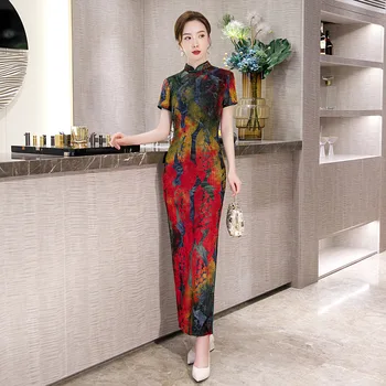 

Oriental Design Print Flower Women Plus Size 3XL Cheongsam Elegant High Split Chinese Evening Dress Retro Stage Show Qipao