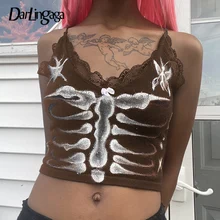 

Darlingaga Streetwear Skeleton Butterfly Print Brown Tank Top Retro Fashion Lace Trim Summer Top Women Cropped Vest Grunge Sexy