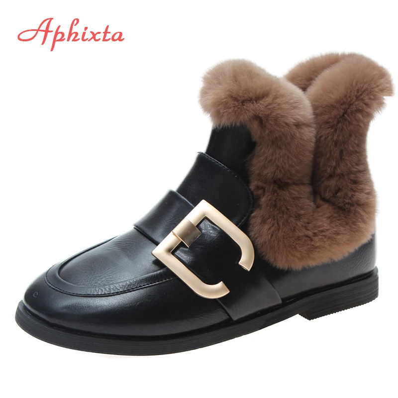 

Aphixta 2019 New Buckle Women Boots Shoes Woman Leather Fur keep Warm Plush Winter New Female Shoes Fashion Snow Boots