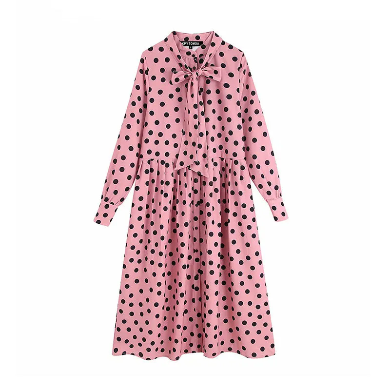 

Fashion Bow Tie Collar Long Sleeve Stylish Dresses Women 2019 Vintage Elegant Polka Dot Print Midi Dress Vestidos Mujer