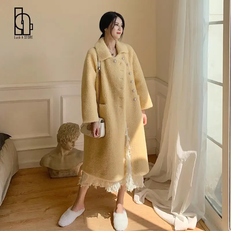 Lambwool Shirling Furry Shearing Jacket Women Real Fur Coat Female Long Winter Clothes Korean Vintage Wool Coats Tops Hiver | Женская