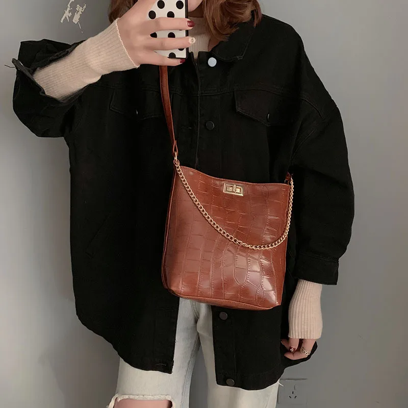 

Retro Bag Women's 2018 New Style Fashion Casual Crocodile Pattern Chain Versatile Wide-Strap Shoulder Bucket Bag
