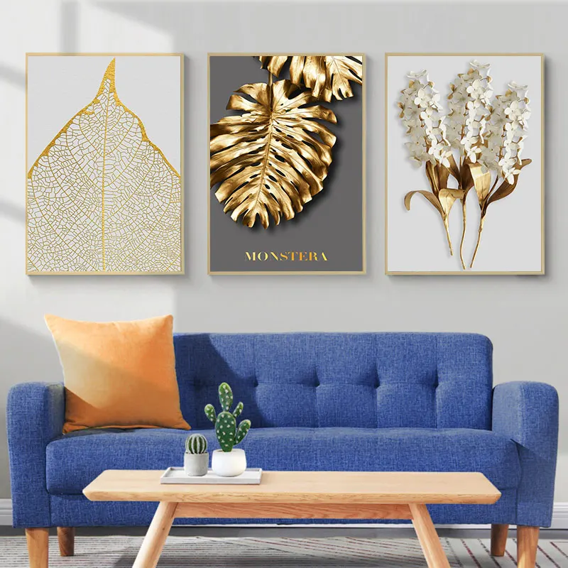 BANMU Golden Leaves Wall Poster Nordic Style Golden-Yellow Plants Artwork Home Decor Wall Art Canvas Painting Bedroom Decor