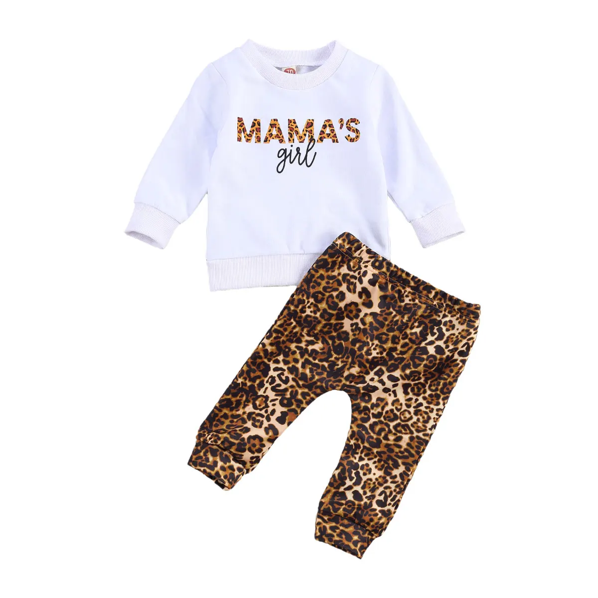 Infant Baby Girl Long Sleeve Tops Shirt Pants Suit Round Collar Two-pieces Set Letter Printing Leopard Pattern Outfit | Детская одежда