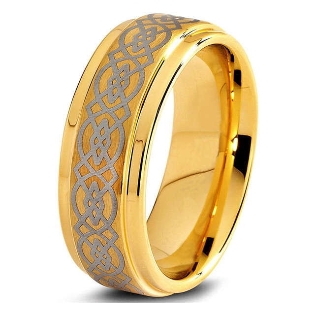 Gold Color Tungsten Wedding Band for Men Dragon Ring Green Blue Carbon Fiber Inlay Polish Finish Beveled Edges Comfort Fit