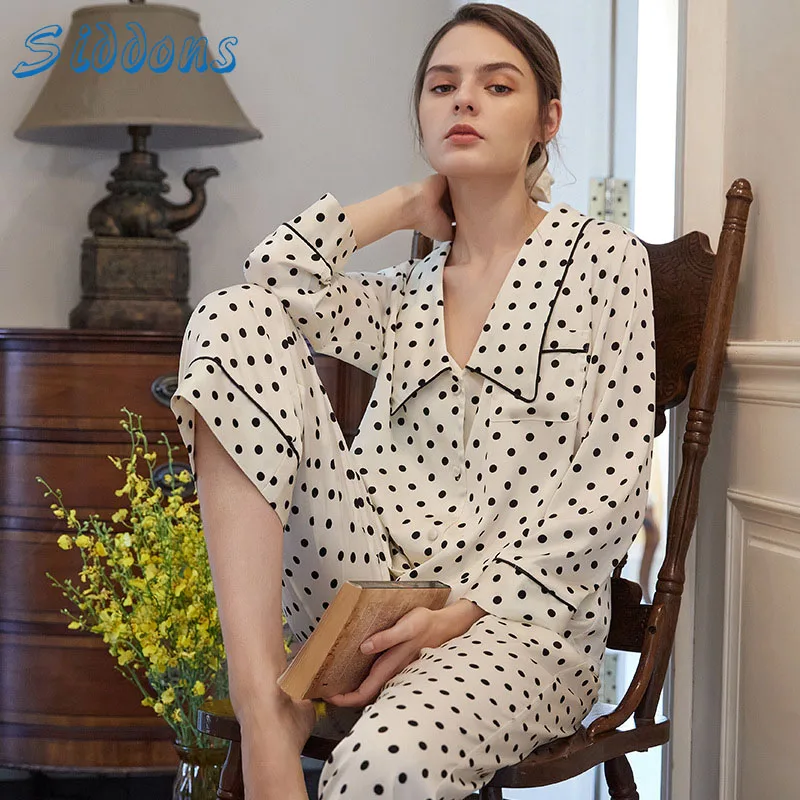 

SIDDONS Womens Silk Satin Pajamas Pyjamas Set Long Sleeve Sleepwear Pijama Pajamas Suit Female Sleep Two Piece Set Loungewear