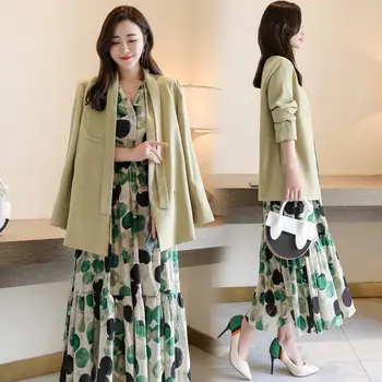 

Temperament Blazer and Dress Suit Lady 2020 Spring Autumn New Fashion Women's Printed Cotton And Linen Dress Two-piece Set K847