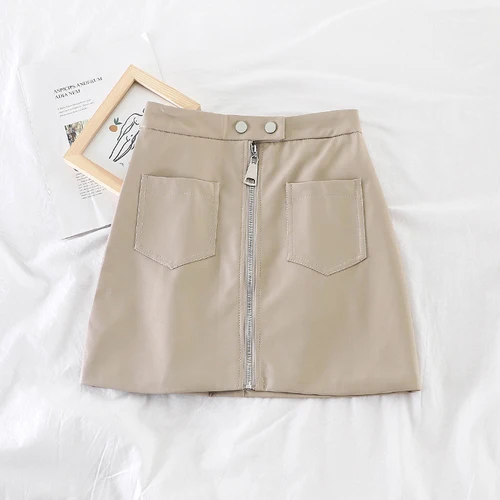 khaki skirt Neploe Винтаж модные из искусственной кожи юбка Для женщин тонкий карман на молнии короткие юбки женские осень-зима элегантные Мини-юбки Faldas - Цвет: khaki skirt
