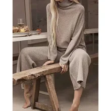 

Women's Knitting Suits Casual Female Loose Pullover Tops Sweater + Wide Leg Pants Feme Two Pieces Set 2021 Autumn Winter New