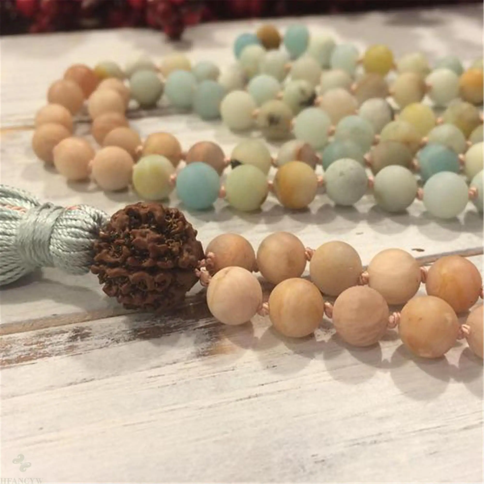 

8mm Natural Frosted Amazonite 108 Beads Tassels Necklace Spirituality Pray Elegant Handmade Chakra Yoga Cuff Colorful