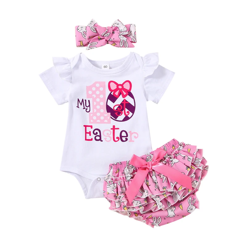 

Baby Girls Summer Clothes Set My First Easter Short Sleeve Romper and Easter Bunny Print Shorts Headband Outfits