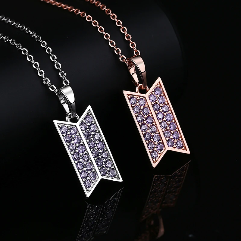 Kpop Bangtan Boys LOGO Silver Color Chain Necklace 2021 New Purple Zircon Charms Pendant Lovers Chokers Fashion Jewelry | Украшения и