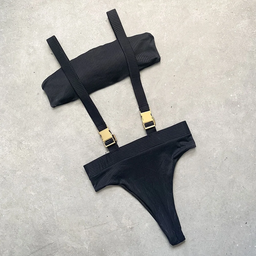 

CINESSD 2020 elastic pit stripe bikini tube top strap high waist swimsuit suit belt buckle integrated swimwearCINESSD