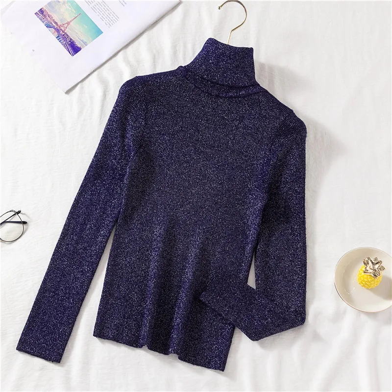 Dark Blue Sweater Lurex Shine, женский свитер с высоким воротом, Осень-зима, для девушек, длинный рукав, тянущийся, вязанные свитера, тонкие пуловеры, Базовый Топ для женщин - Цвет: Dark Blue Sweater