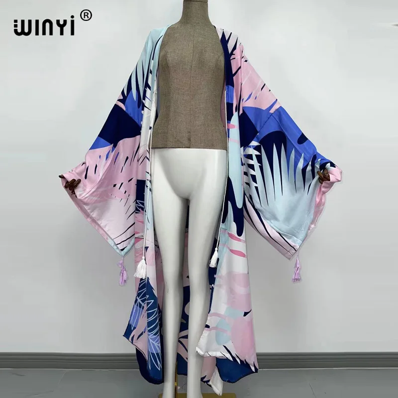 2021 WINYI new Cotton Bikini Sweet Lady Pink Boho Print Self Belted Front Open Long Kimono Dress Beach Tunic Women Wrap Dresses bikini cover up