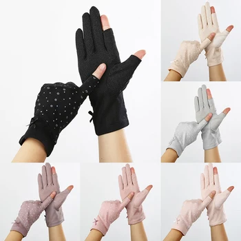 

Lace Fingerless Gloves Women Printing Driving Summer Half Fingers Anti-Slip Stretch Sunscreen Semi-Finger Breathable Glove