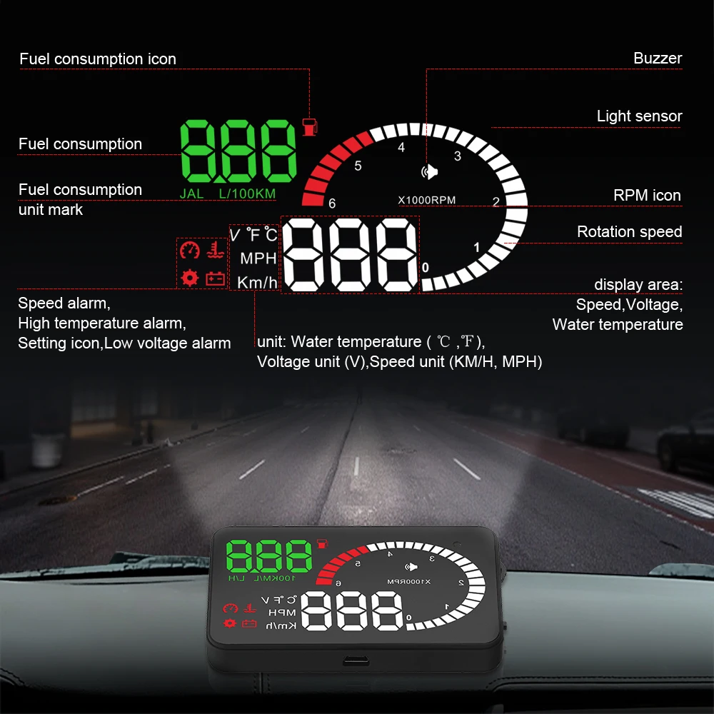 Автомобильный дисплей OBD2 HUD 3," светодиодный проектор на ветровом стекле OBD сканер скорости топлива Предупреждение сигнал тревоги данные диагностический инструмент