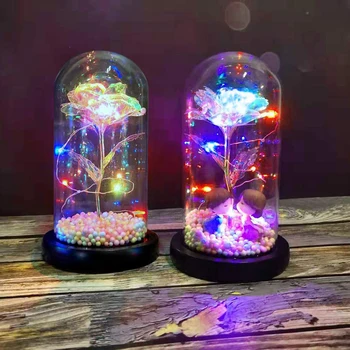 

Artificial Roses With Glass Cover Wedding Decoration Red Rose LED Light In Glass Dome For Valentine'S Day Gift