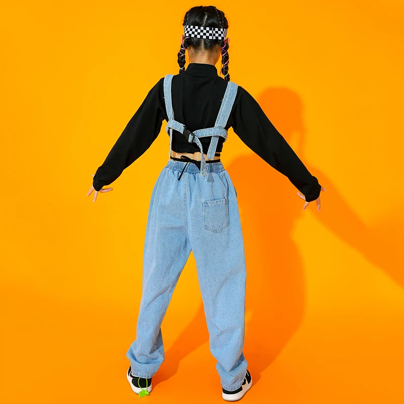 Jazz Costume Girls Hip Hop Clothes Denim Long Sleeves Performance Outfit Modern Street Dance Clothing Kids Rave Clothes BL7230