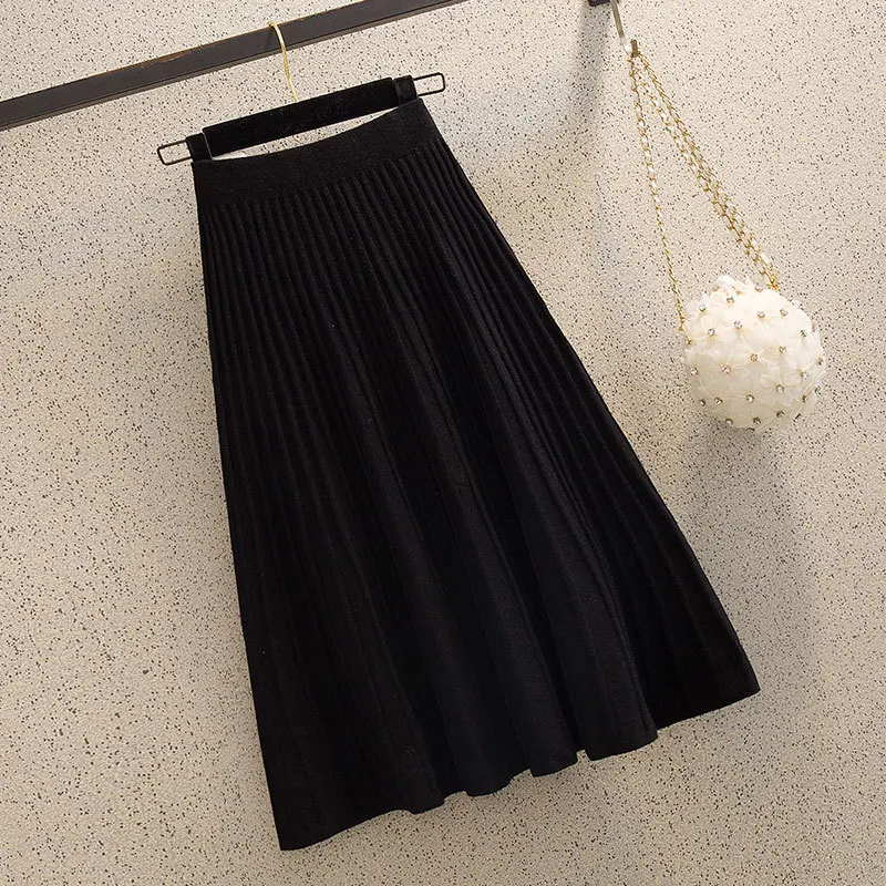 

2019 New Style Autumn And Winter Versatile Mid-length A- line Pleated Yarn Skirt Women's Korean-style High-waisted Knitted Umbre
