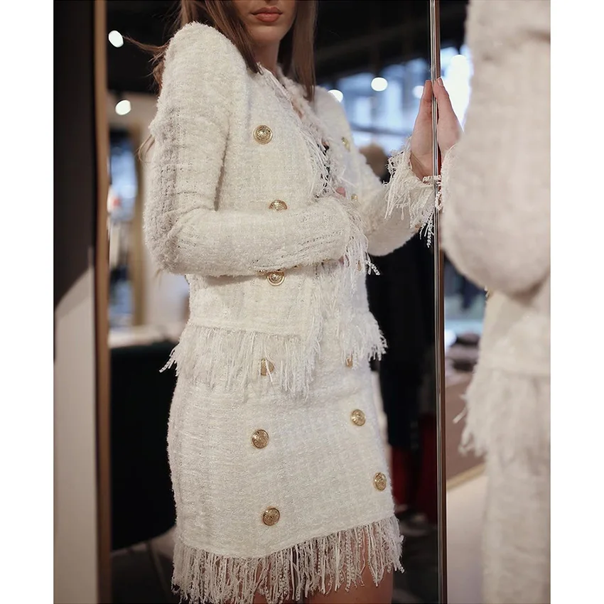 

Autumn Winter Arrival Tassel Wool Jacket Coats Long Sleeve Metal Cotton White Coats Outwear Warm Tops Plus Size