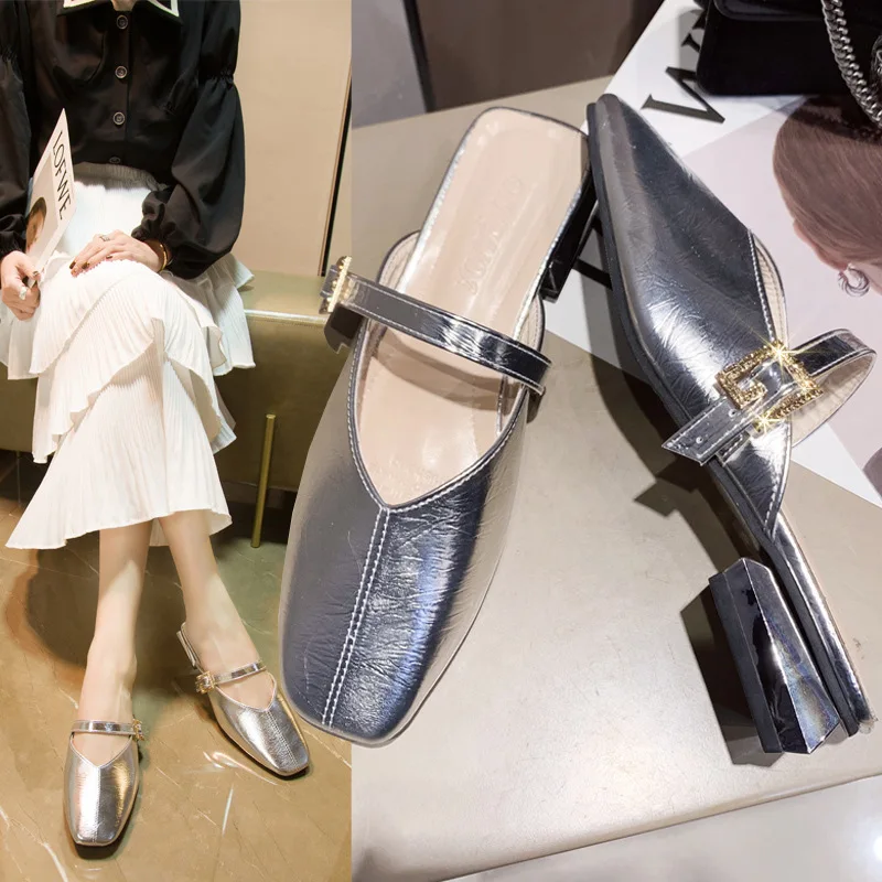 

CINESSD PU Shoes Women Fashion Summer Slippers For Women Mid Heel Sandals Woman 2020 Buckle Slipper Female Fashion Sandles Shoes