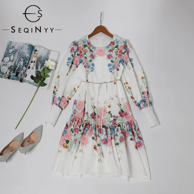 

SEQINYY White Dress 2020 Summer Spring New Fashion Design Women High Quality Flowers Printed Knee Dress Belt