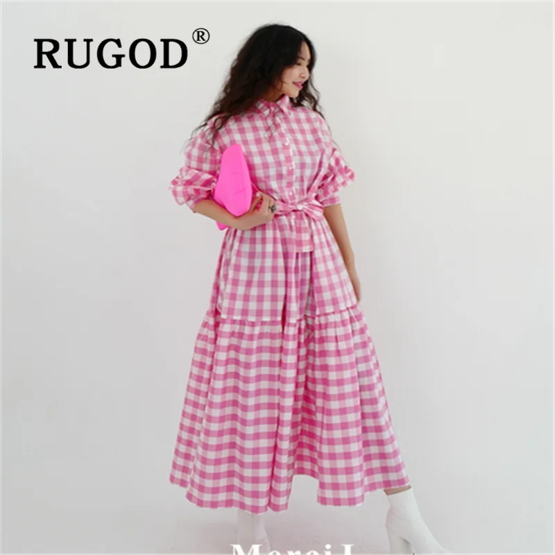 Женское клетчатое платье RUGOD винтажное хлопковое в Корейском стиле с отложным