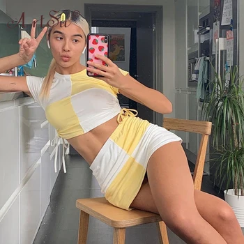 

ArtSu Yellow And White Color Block Plaid Drawstring Crop Top Mini Skirts 2 Piece Set Women Summer 2020 Sexy Club Outfits