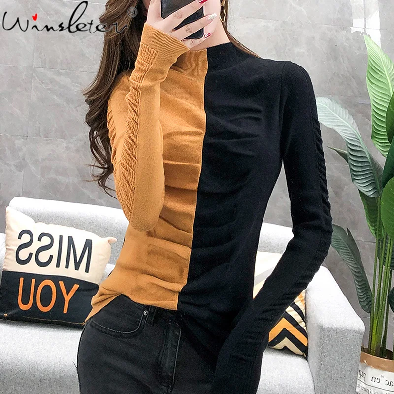 Knit Sweater Women Jumper Winter Fashion Pullover Thicken Patchwork Autumn Slim Turtleneck