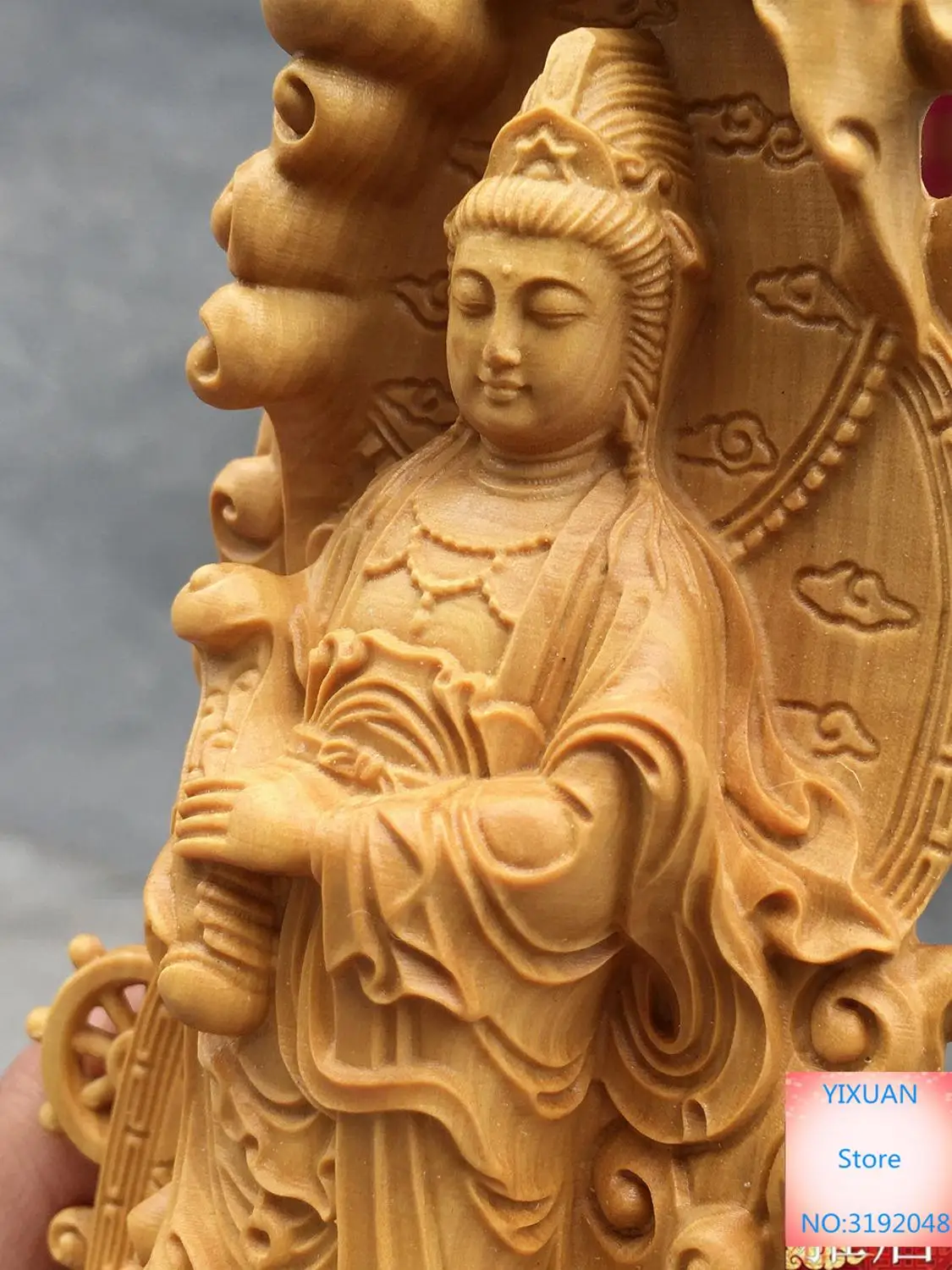 Небольшой лист самшита свиток Ruyi Guanyin Бодхисаттва твердая резьба по дереву ручной работы фэншуй орнамент
