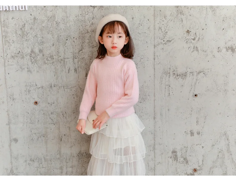 Autumn and winter new girls soft cashmere sweater solid color round neck pullover comfortable shirt big children's sweater