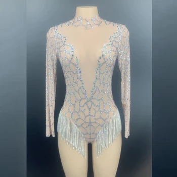 

2020 Silvery Rhinestones Long Sleeve Bodysuit Sexy Tassels Catsuits Nightclub Women DJ DS Costume Party Show Stage One Piece