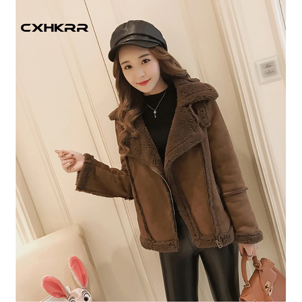 CXHKRR Новое модное пальто из овчины женская зимняя короткая мотоциклетная одежда плюс бархатное пальто размера плюс женское зимнее пальто - Цвет: Коричневый