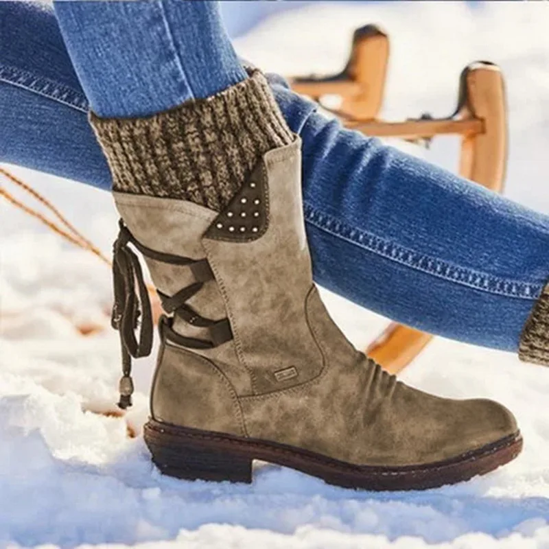 Г. Новые теплые зимние ботинки модные женские ботинки до середины икры из pu искусственной кожи на молнии дизайнерские ботинки на шнуровке сзади однотонная обувь на низком каблуке - Цвет: Brown
