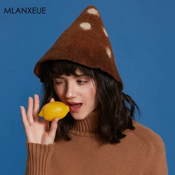 

Fashion Dot Wool Felf Caps Women Vintage Handmade Autumn Winter Hats Female Cute Lace-Up Wild Party Cap Ice Cream Hat For Ladies