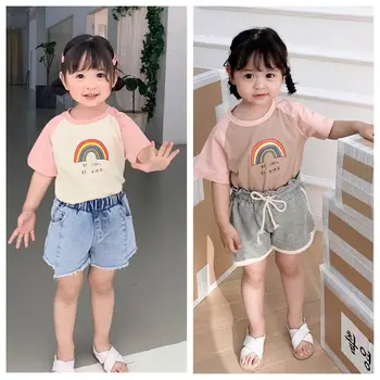 

2020 Children Clothing Spring And Summer New Children T-shirt Korean Version Of The Color Matching Rainbow Print Cute T-shirt